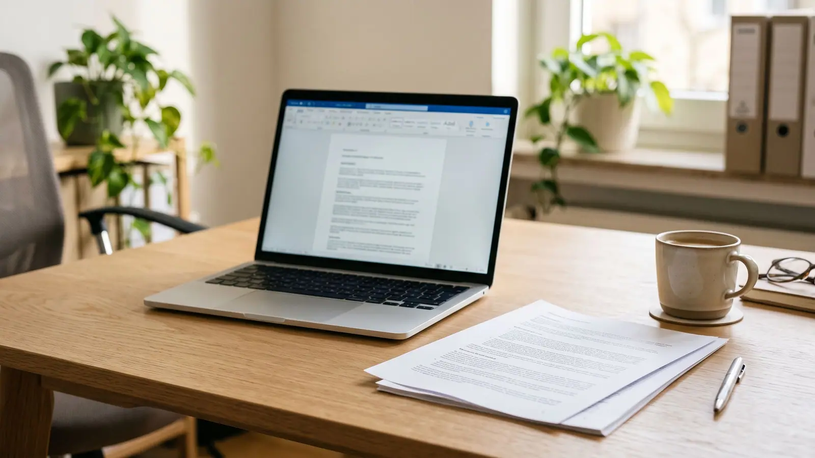 Laptop auf hellem Bürotisch mit ausgedrucktem Dokument und Kaffeetasse daneben