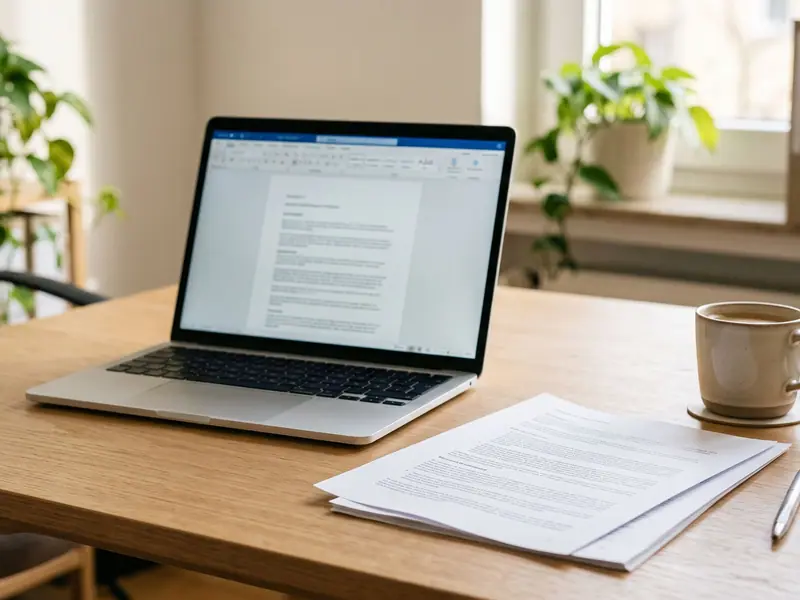 Laptop auf hellem Bürotisch mit ausgedrucktem Dokument und Kaffeetasse daneben