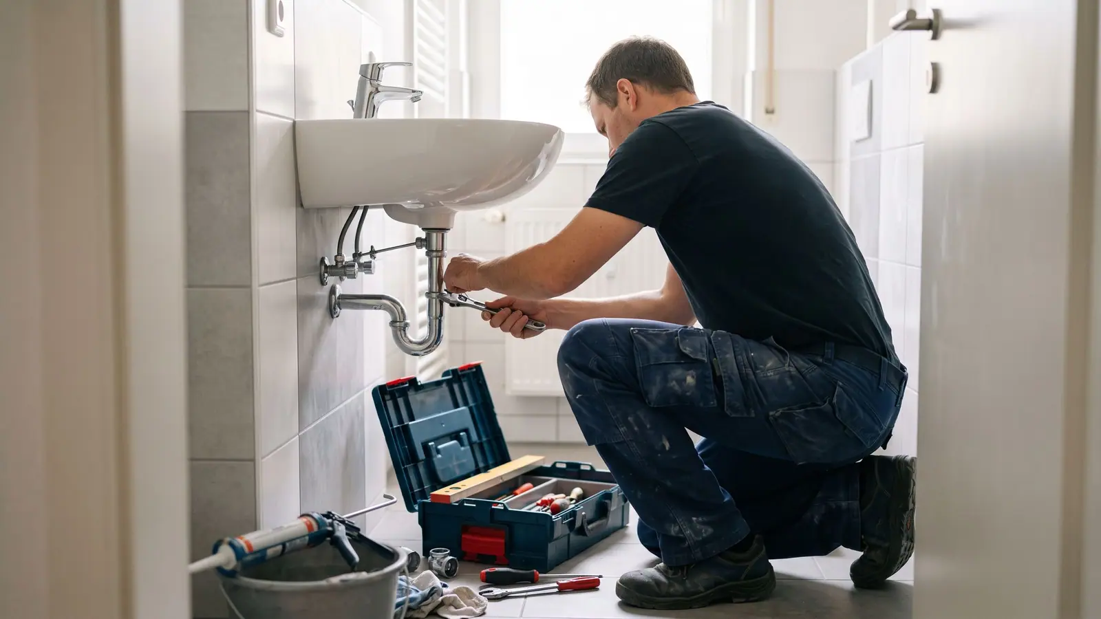 Handwerker montiert ein neues Waschbecken im Badezimmer