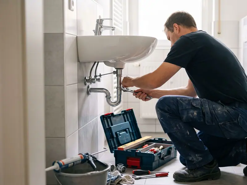Handwerker montiert ein neues Waschbecken im Badezimmer