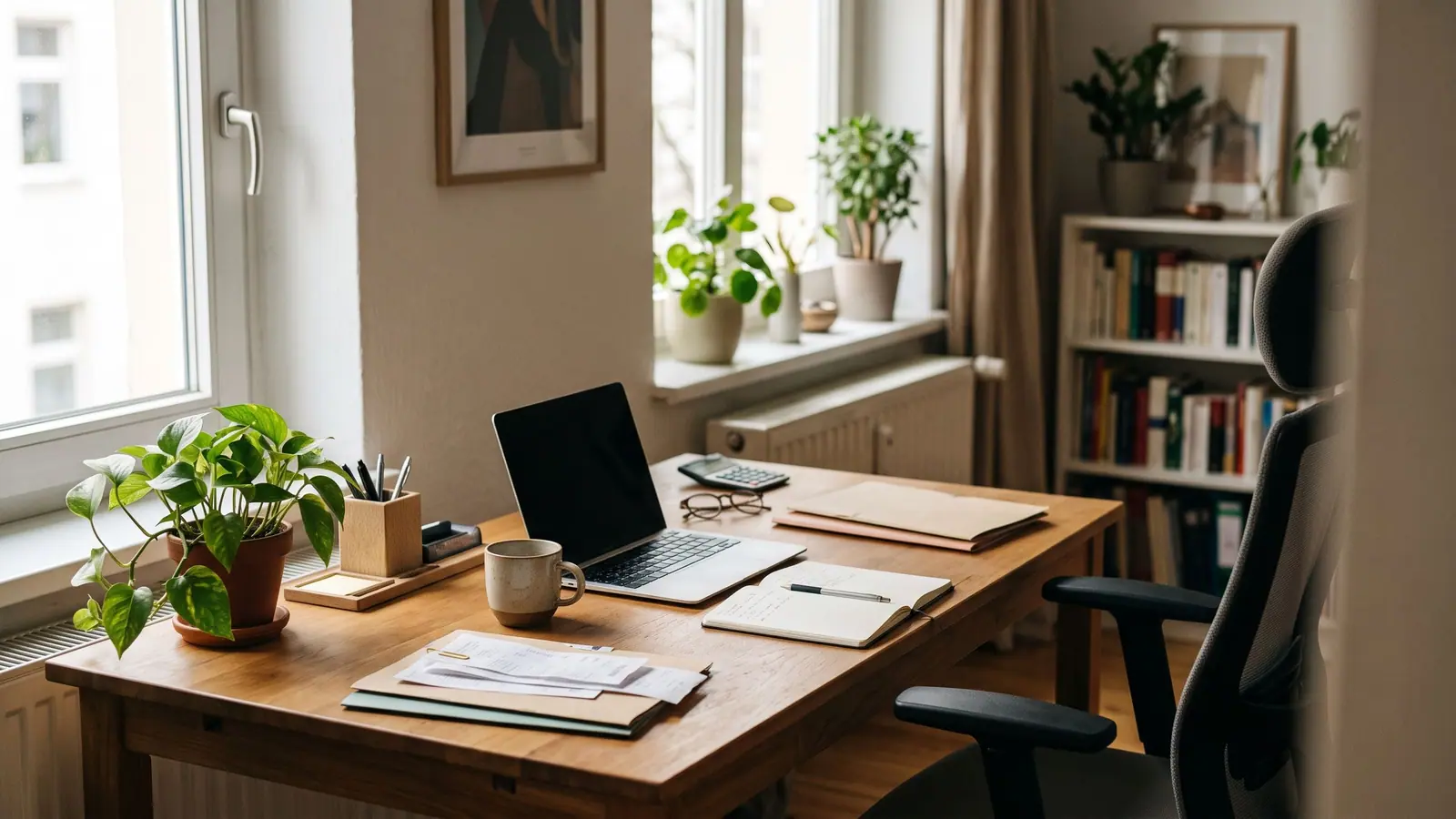 Schreibtisch mit Laptop, Notizbuch und Lampe in einem häuslichen Arbeitszimmer