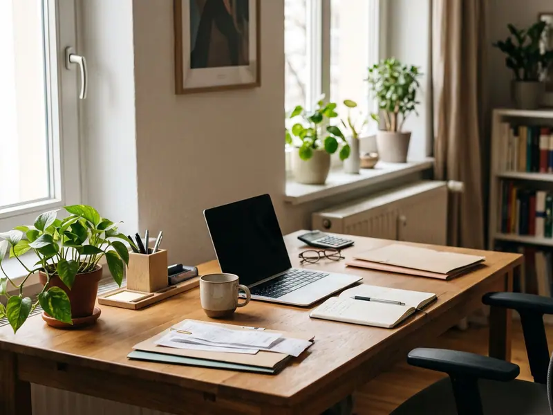Schreibtisch mit Laptop, Notizbuch und Lampe in einem häuslichen Arbeitszimmer
