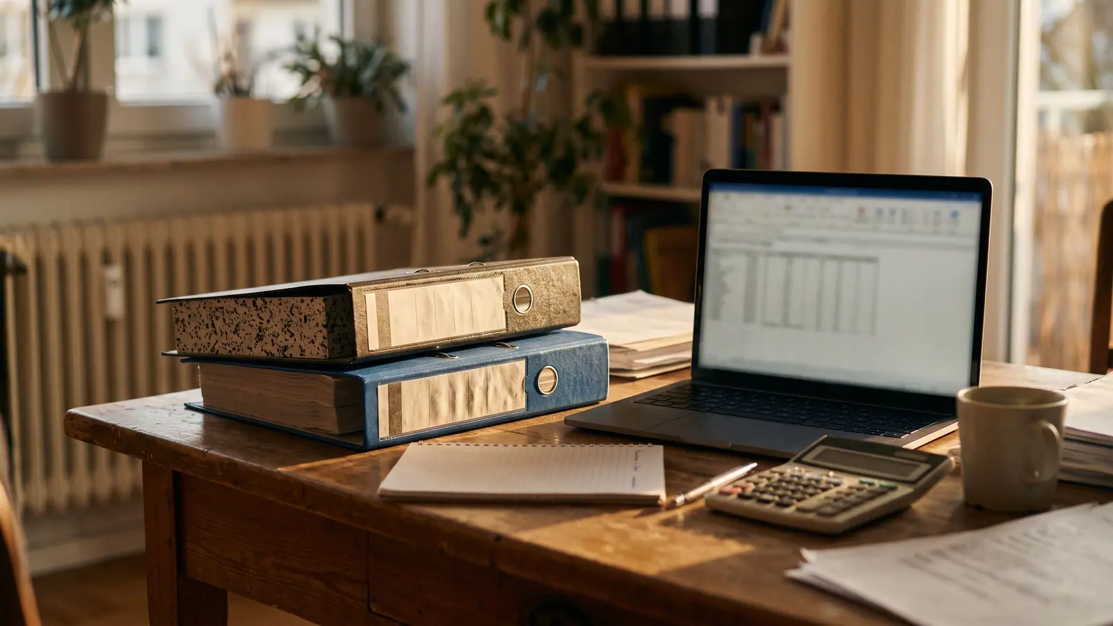 Aktenordner, Taschenrechner und Laptop auf einem Bürotisch im warmen Abendlicht