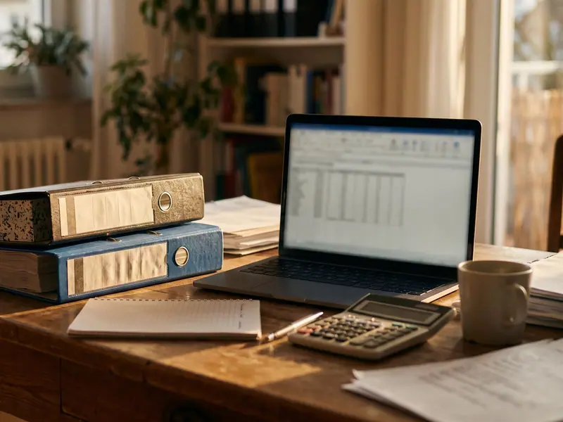 Aktenordner, Taschenrechner und Laptop auf einem Bürotisch im warmen Abendlicht