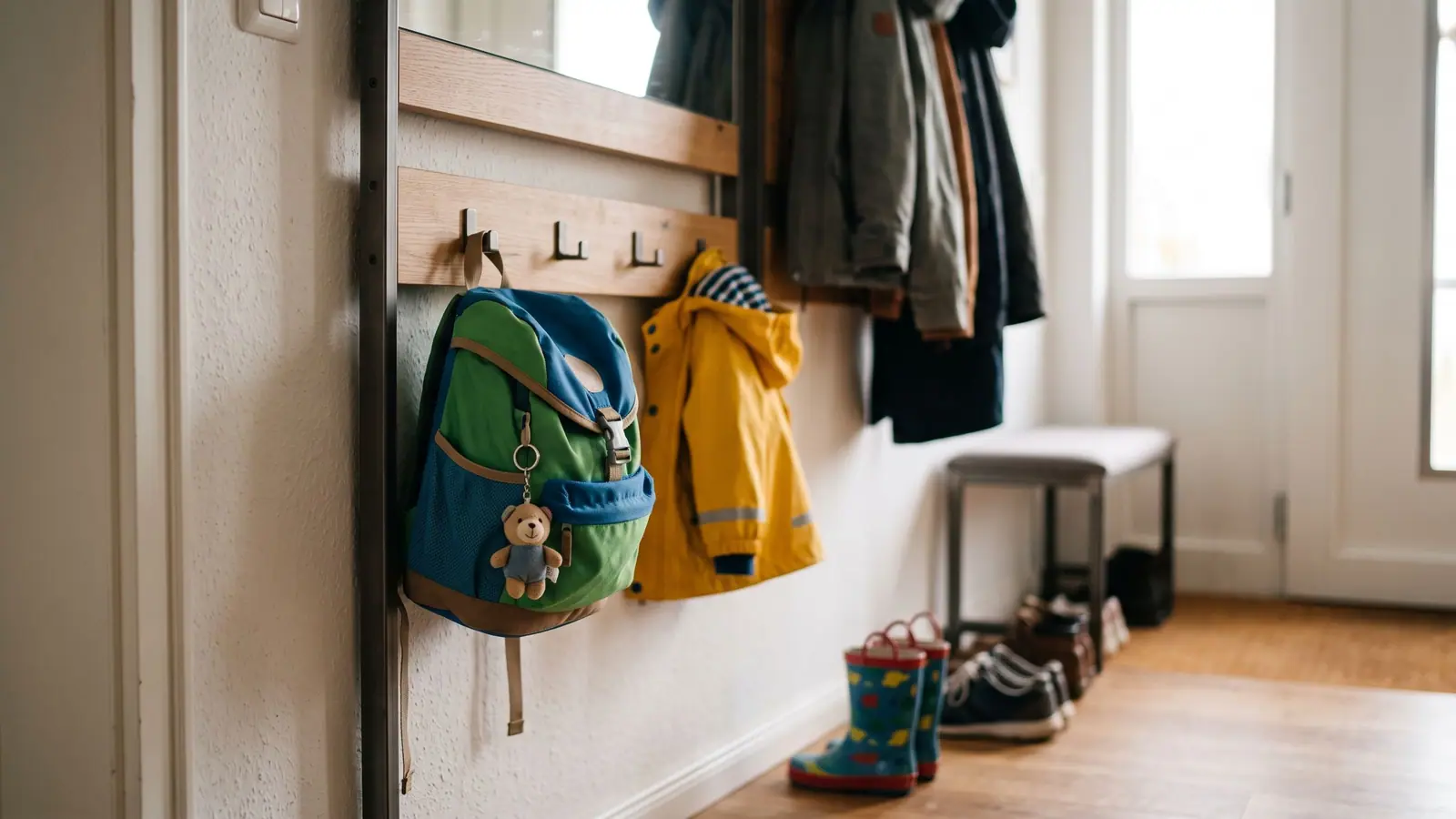 Kinderrucksack hängt an einer Garderobe neben Jacken in einem Flur
