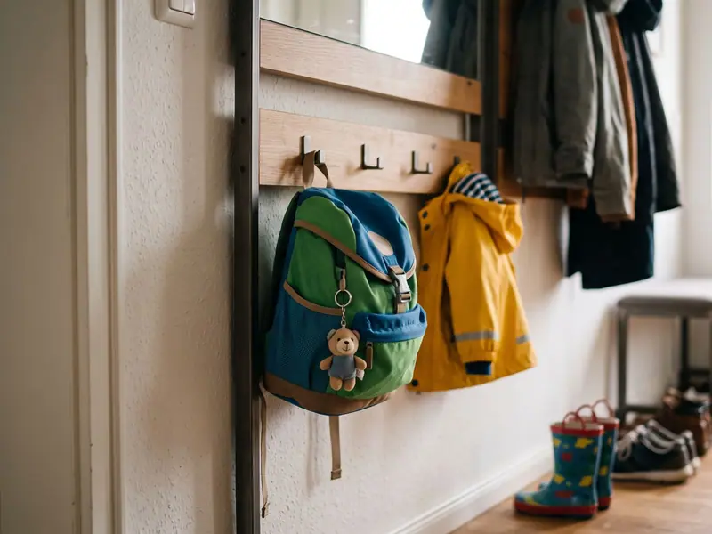 Kinderrucksack hängt an einer Garderobe neben Jacken in einem Flur