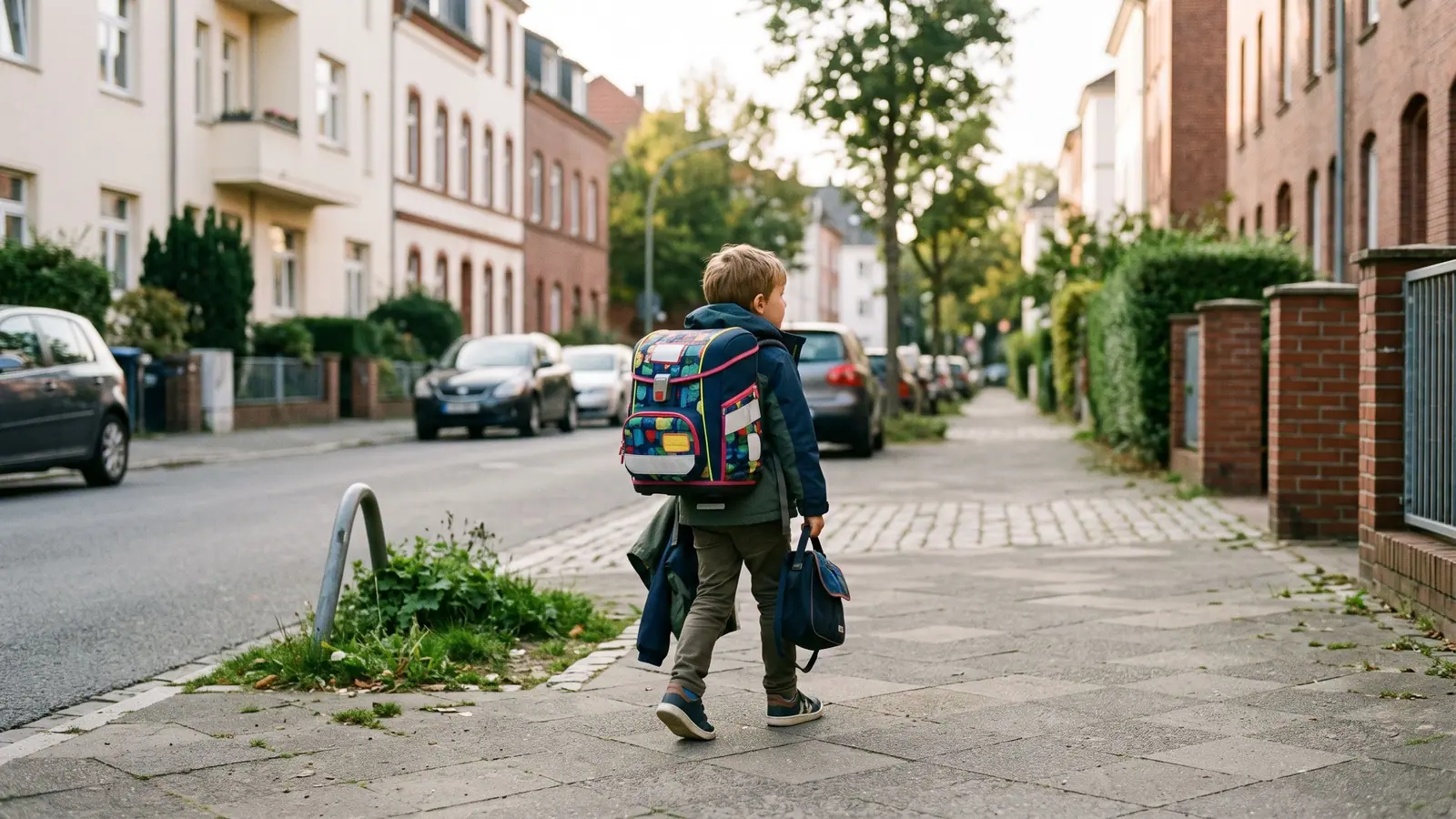 Kind mit Schulranzen steht bereit für den ersten Schultag