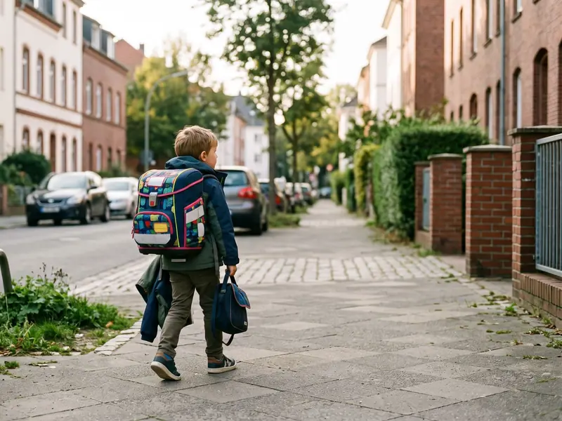Kind mit Schulranzen steht bereit für den ersten Schultag
