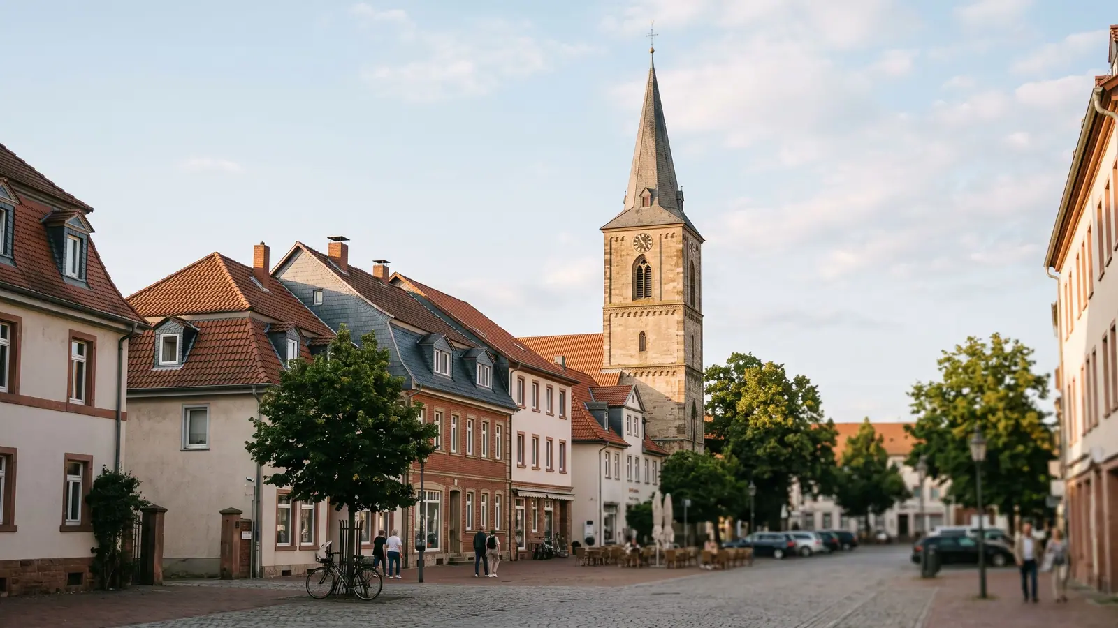 Kirchturm einer Stadtkirche ragt zwischen Gebäuden in den Himmel
