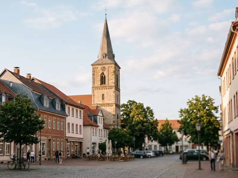 Kirchturm einer Stadtkirche ragt zwischen Gebäuden in den Himmel