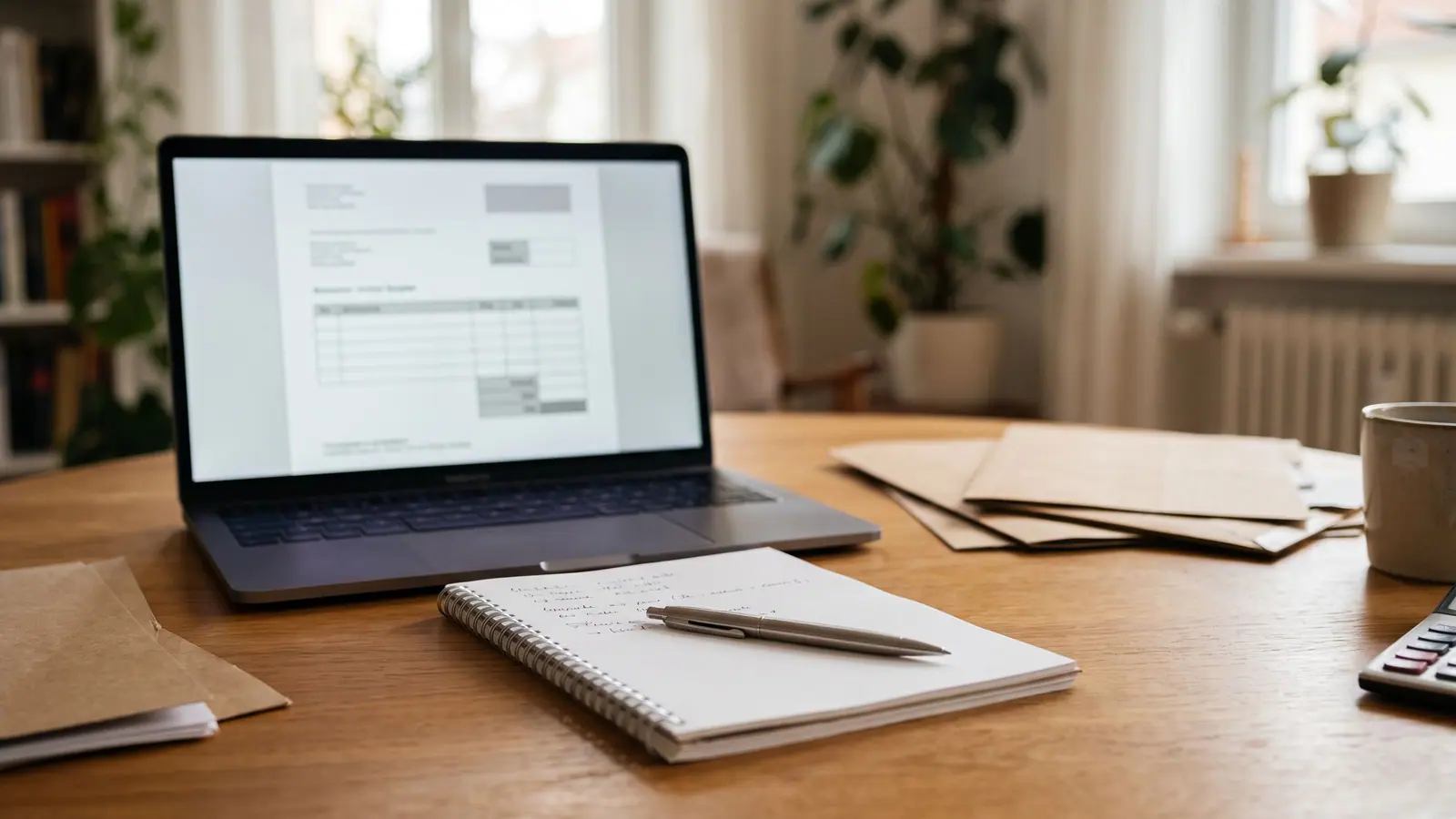 Laptop mit Rechnungsvorlage und handschriftlichen Notizen zur Umsatzsteuer auf dem Schreibtisch
