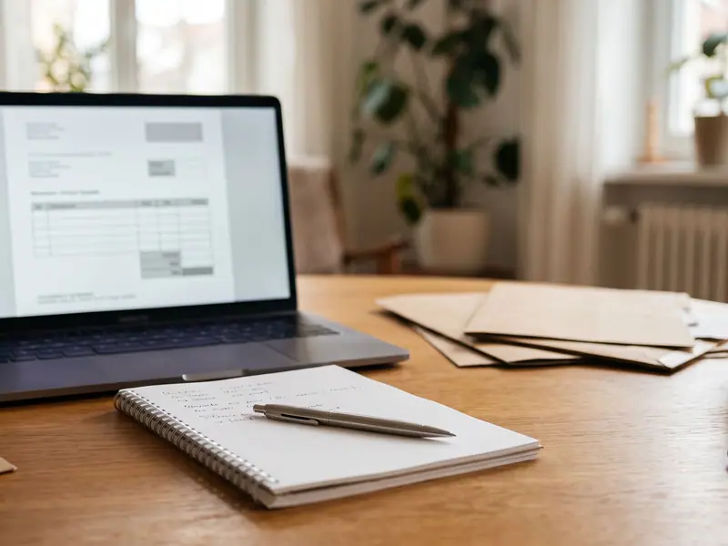 Laptop mit Rechnungsvorlage und handschriftlichen Notizen zur Umsatzsteuer auf dem Schreibtisch