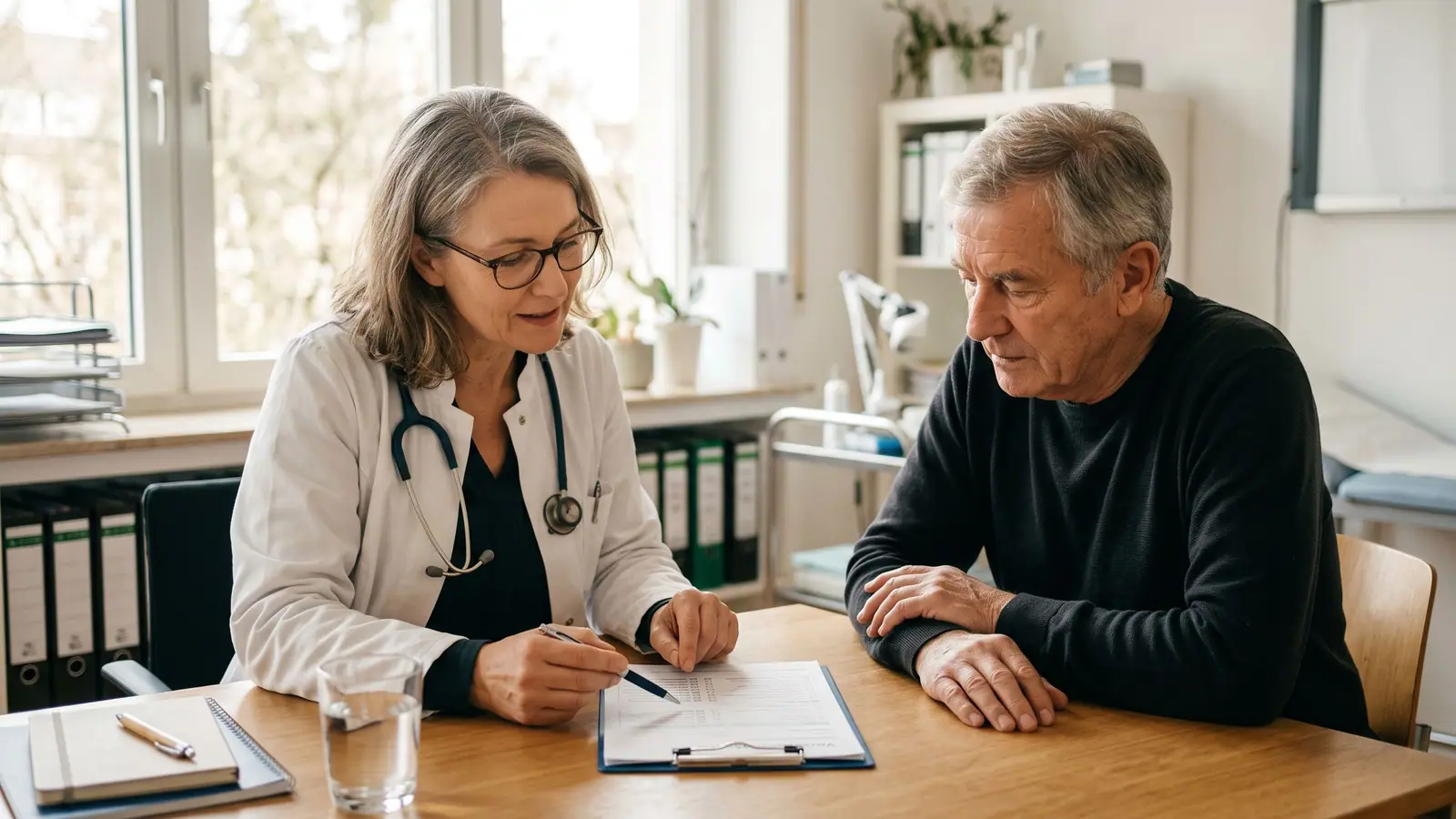 Ärztin bespricht mit einem Patienten einen Vorsorgebogen zur Patientenverfügung