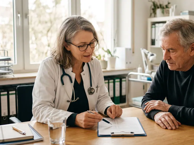 Ärztin bespricht mit einem Patienten einen Vorsorgebogen zur Patientenverfügung