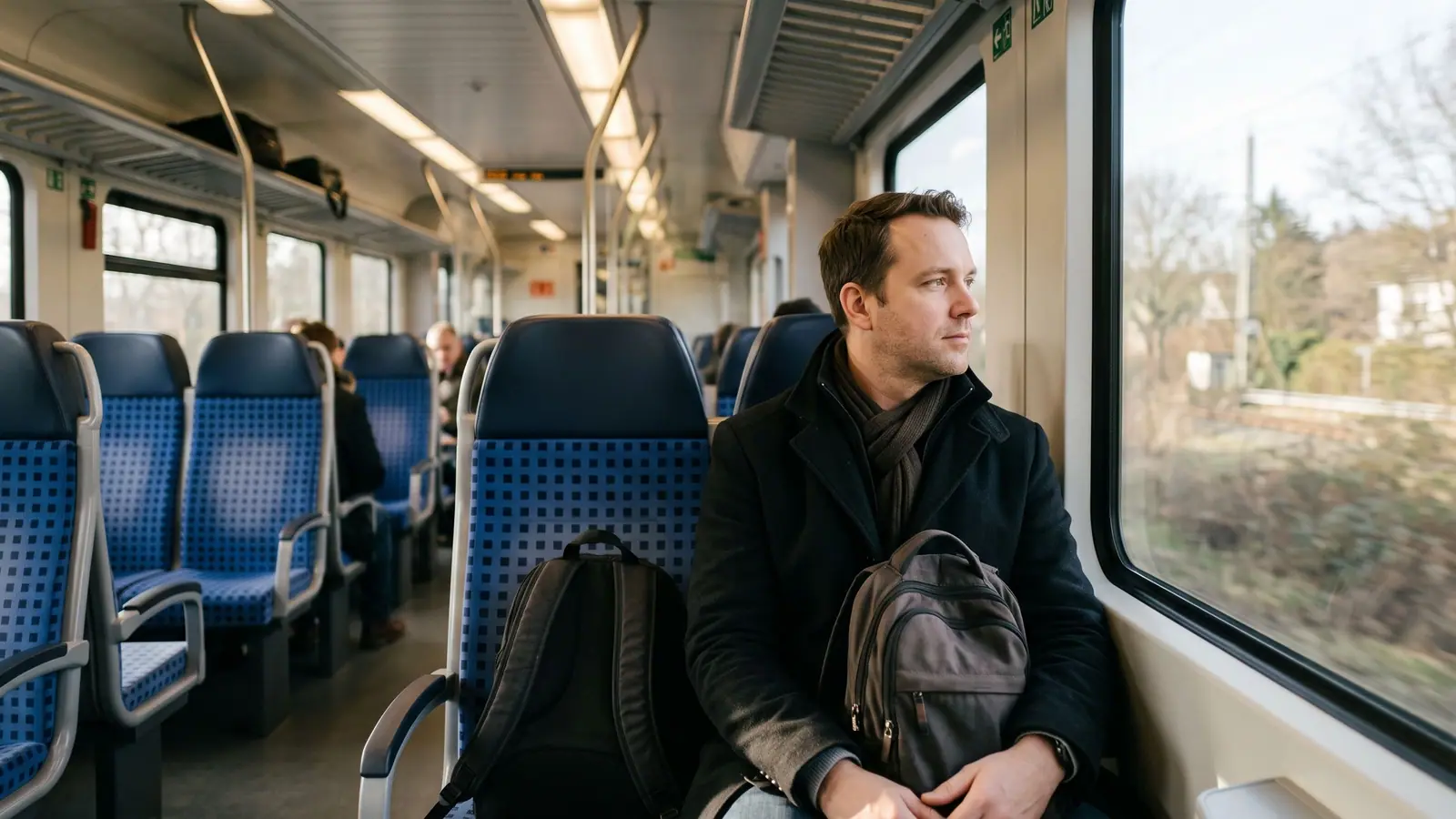 Pendler sitzt im Zug und blickt während der Fahrt aus dem Fenster