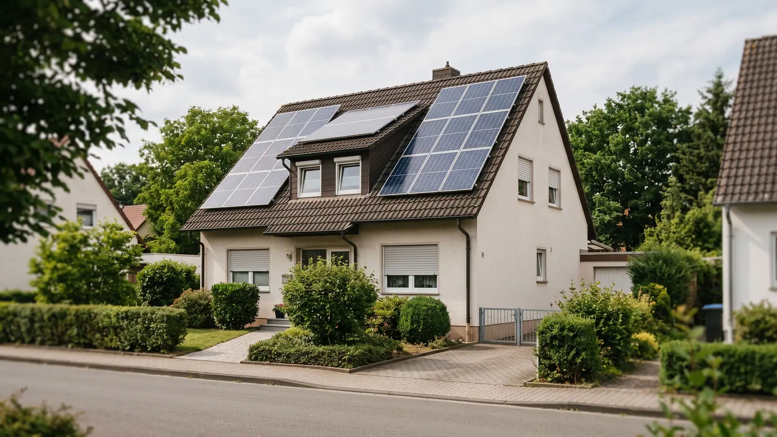 Solarmodule sind auf dem Schrägdach eines Einfamilienhauses montiert und erzeugen Strom aus Sonnenlicht.