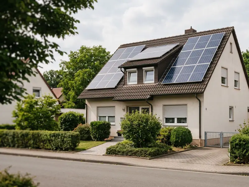 Solarmodule sind auf dem Schrägdach eines Einfamilienhauses montiert und erzeugen Strom aus Sonnenlicht.