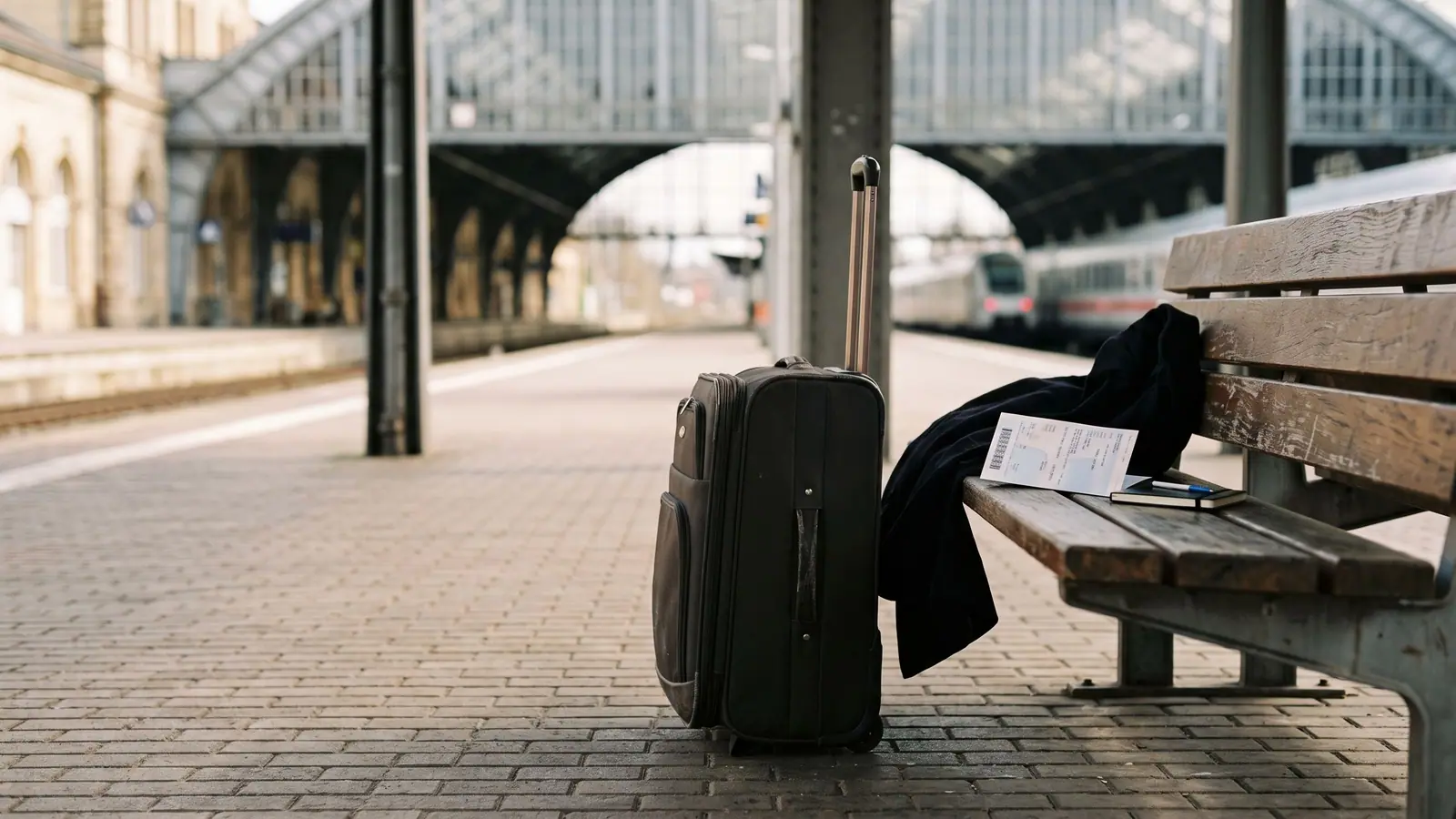 Reisekoffer neben einem Bahnticket auf einem Tisch, Symbol für Dienstreisen und Reisekostenabrechnung