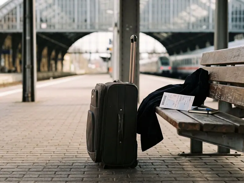 Reisekoffer neben einem Bahnticket auf einem Tisch, Symbol für Dienstreisen und Reisekostenabrechnung