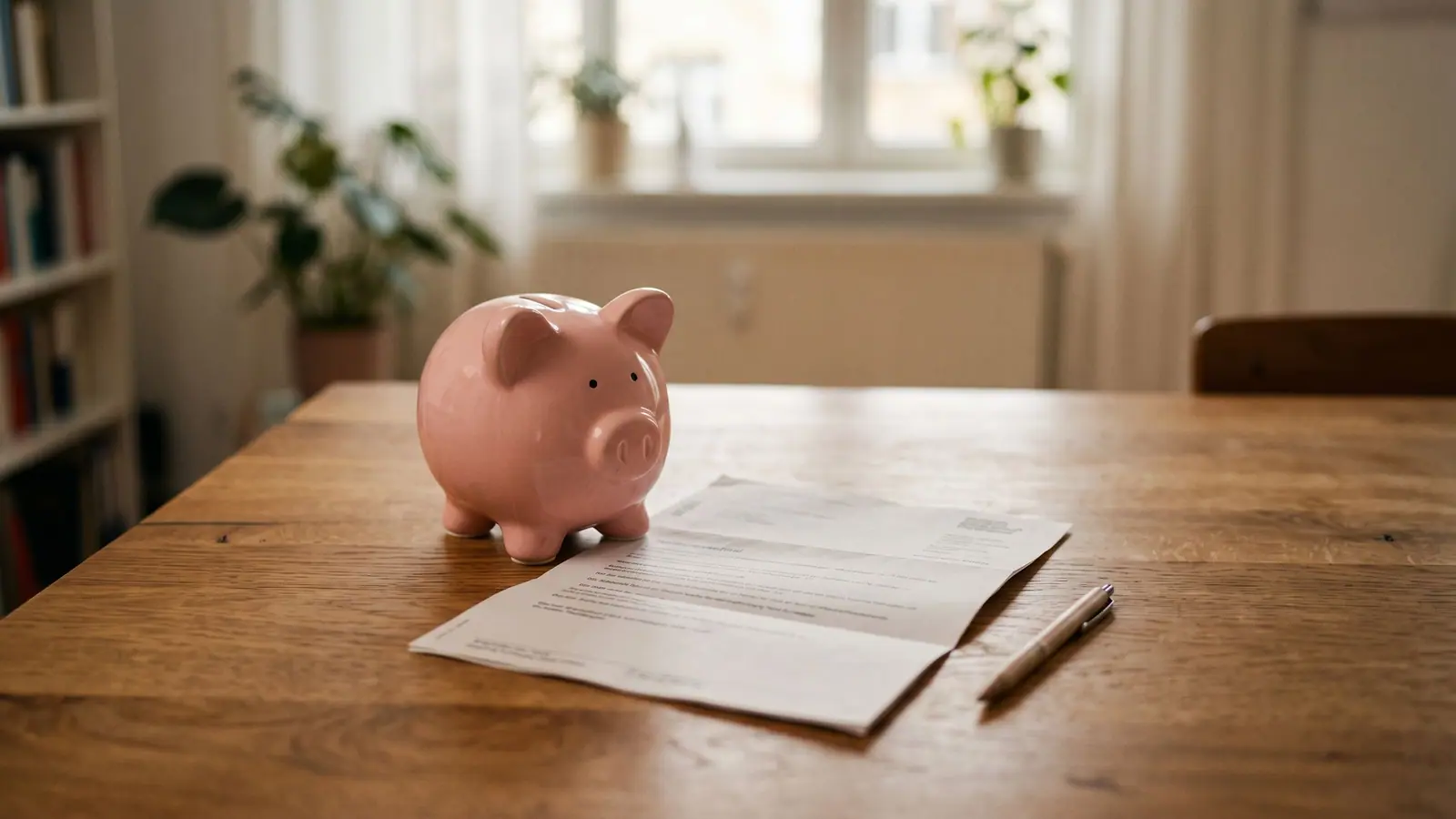 Sparschwein neben einem Rentenbescheid auf einem Tisch, Symbol für private Altersvorsorge