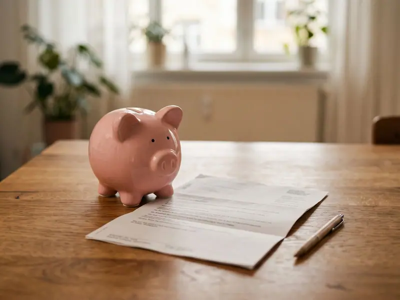 Sparschwein neben einem Rentenbescheid auf einem Tisch, Symbol für private Altersvorsorge