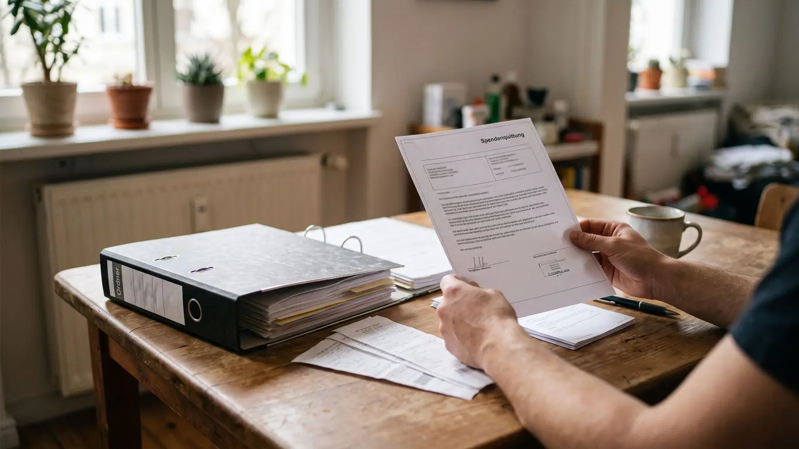 Ausgefüllte Spendenquittung mit Betrag, Datum und Unterschrift auf einem Schreibtisch liegend
