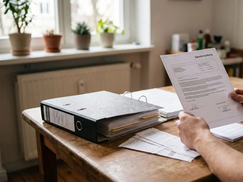 Ausgefüllte Spendenquittung mit Betrag, Datum und Unterschrift auf einem Schreibtisch liegend