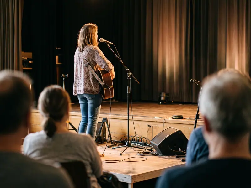 Musikerin mit Gitarre im Bühnenlicht, vom Publikum aus gesehen
