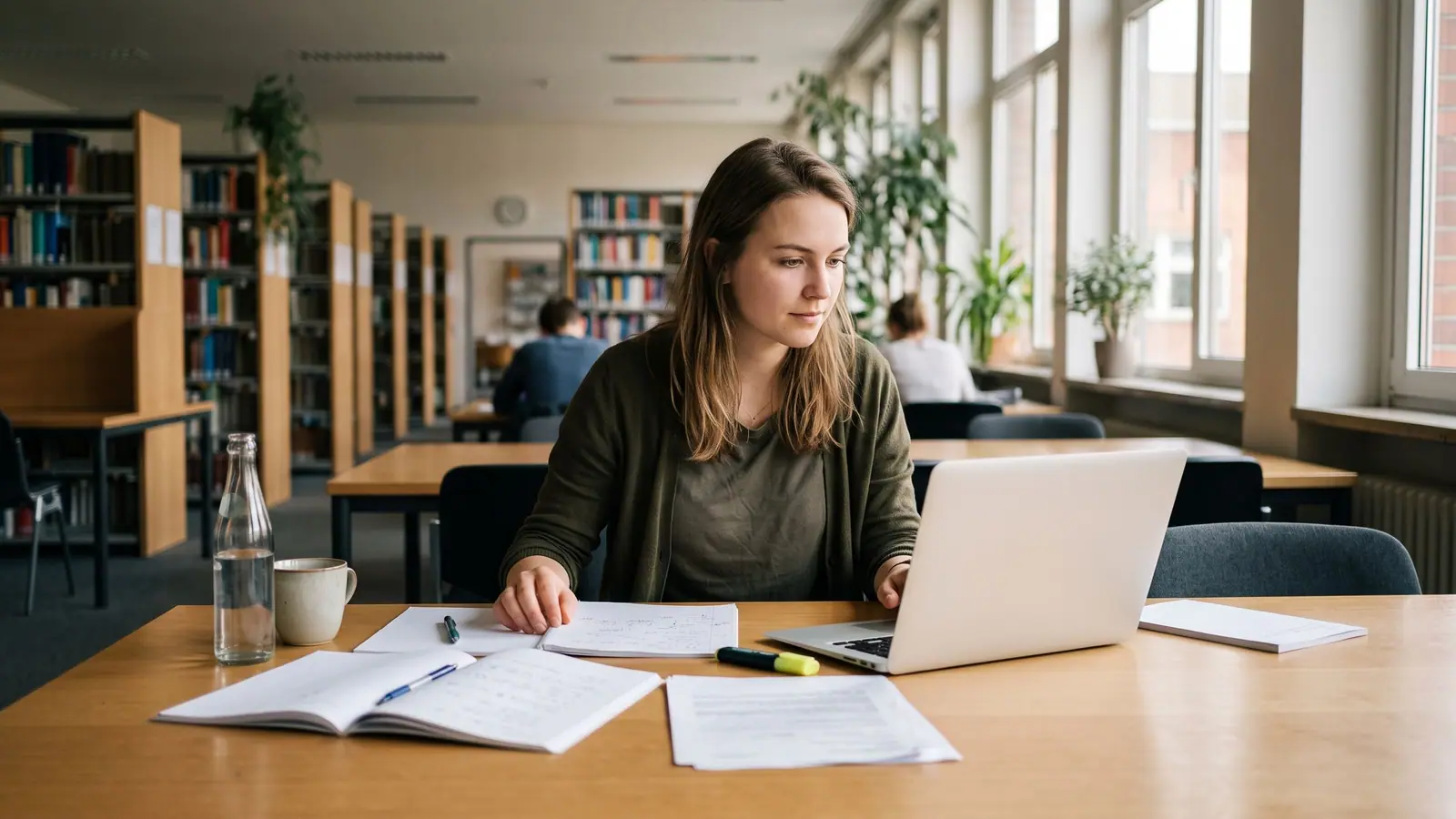 Eine Studentin sitzt mit einem Laptop an einem Tisch in einer Bibliothek und arbeitet konzentriert.