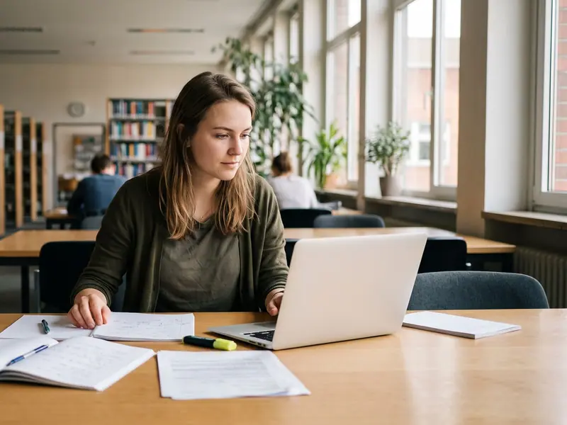 Eine Studentin sitzt mit einem Laptop an einem Tisch in einer Bibliothek und arbeitet konzentriert.