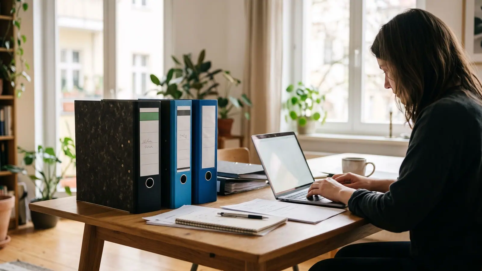 Person arbeitet am Laptop an einem hellen Schreibtisch, daneben Aktenordner mit Unterlagen