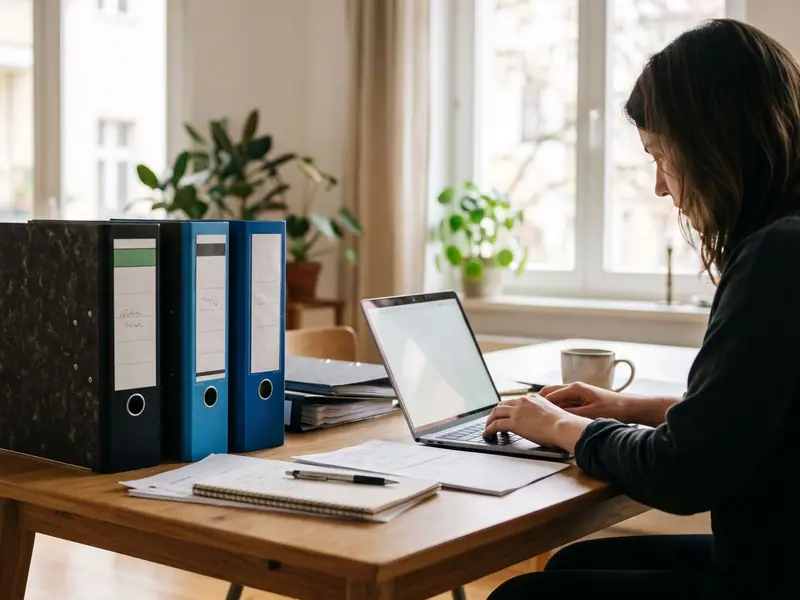 Person arbeitet am Laptop an einem hellen Schreibtisch, daneben Aktenordner mit Unterlagen
