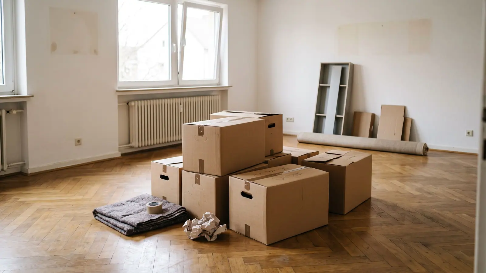 Umzugskartons stehen in einer halb leeren Wohnung mit freiem Boden und Blick in einen weiteren Raum.