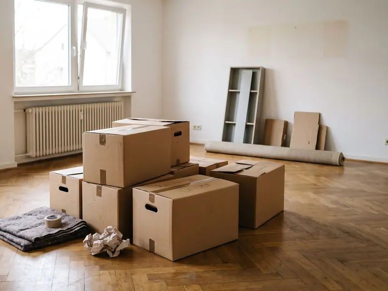 Umzugskartons stehen in einer halb leeren Wohnung mit freiem Boden und Blick in einen weiteren Raum.