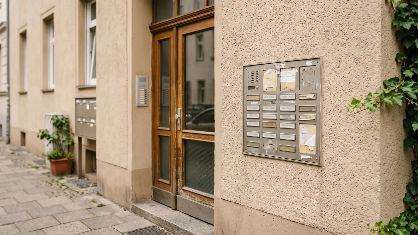 Mehrfamilienhaus mit Klingelschild und Briefkästen im Eingangsbereich