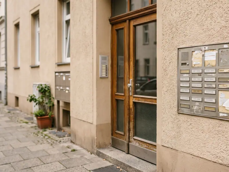 Mehrfamilienhaus mit Klingelschild und Briefkästen im Eingangsbereich