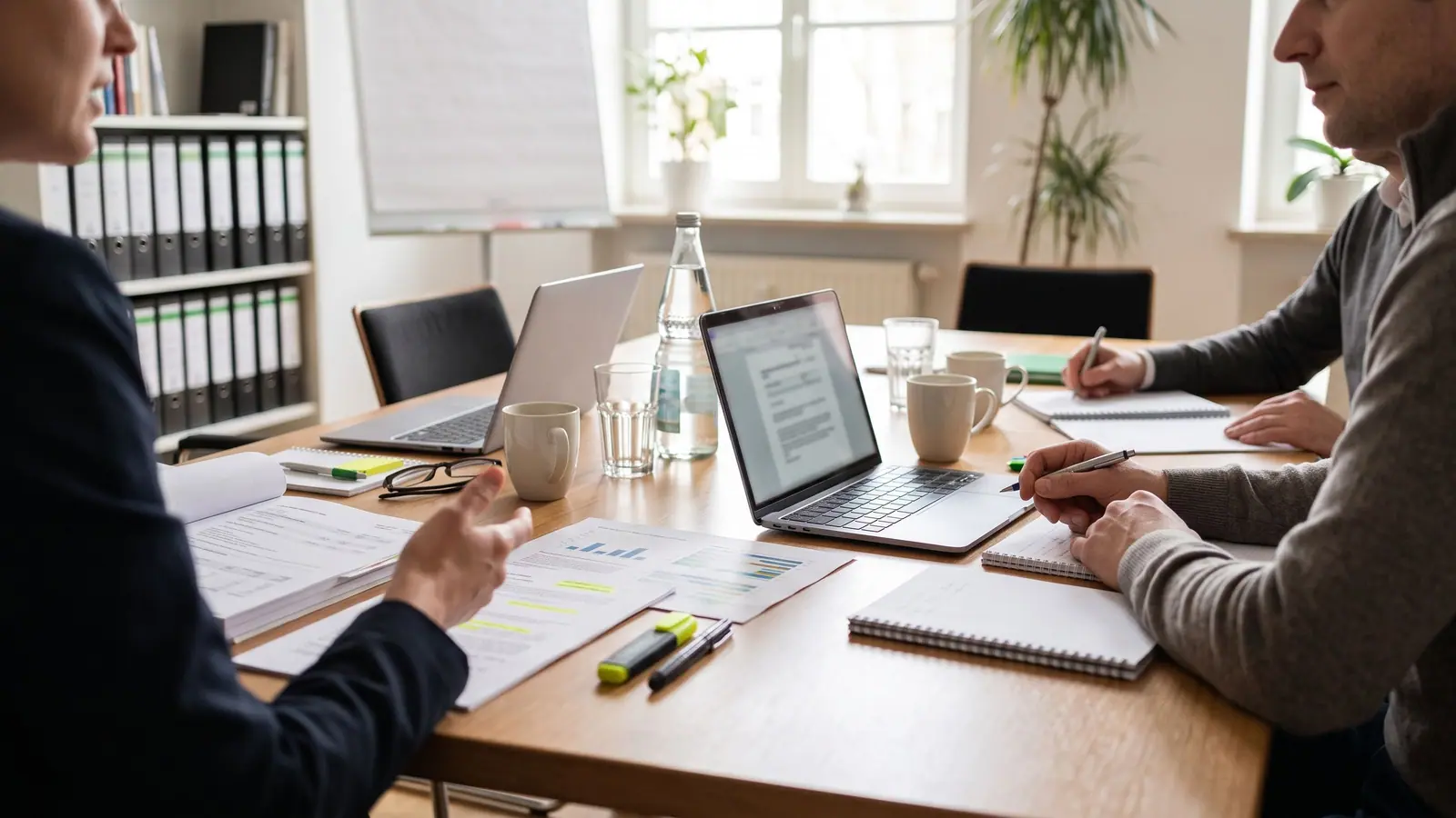 Besprechungstisch mit Finanzunterlagen und Laptops, Personen teilweise sichtbar