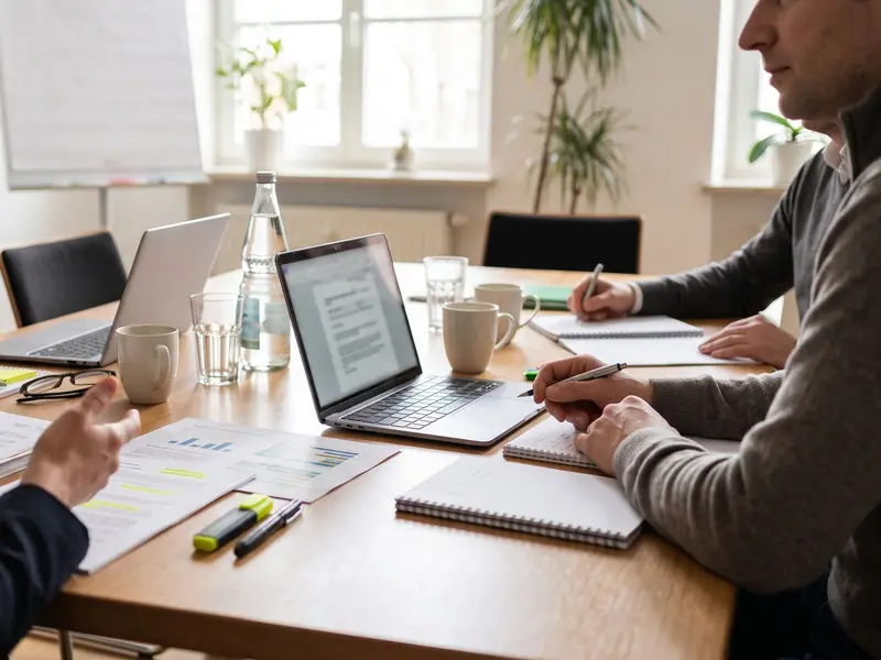 Besprechungstisch mit Finanzunterlagen und Laptops, Personen teilweise sichtbar