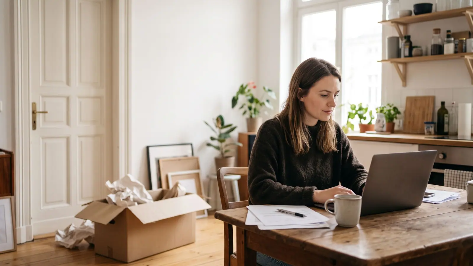Young woman who recently moved to Germany works on a laptop at a kitchen table, a half-unpacked moving box behind her