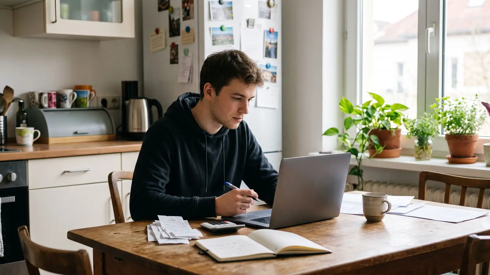 Junger Mann sitzt mit Laptop, Kaffeebecher und Belegen am Tisch in einer hellen WG-Küche und macht seine erste Steuererklärung