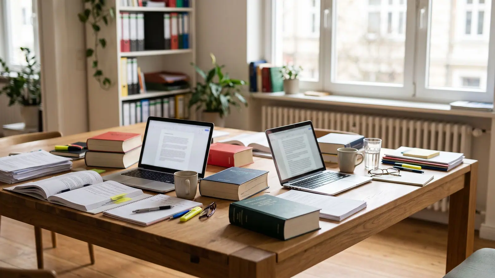 Heller Arbeitstisch mit Laptops, Fachbüchern zum Steuerrecht und Notizblöcken in einem Büro