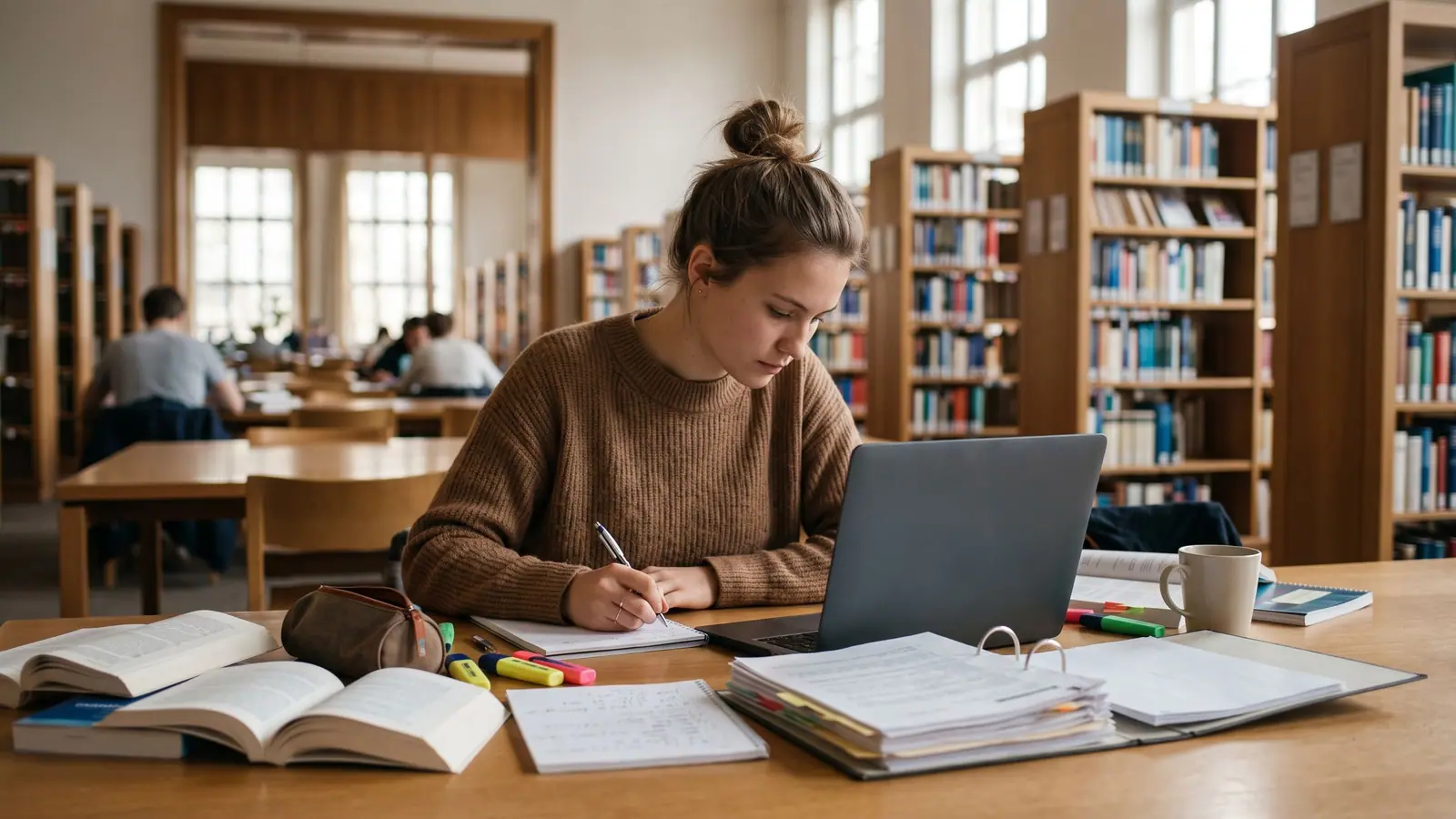 Studentin sitzt mit Laptop und aufgeschlagenen Büchern an einem Tisch in einer Bibliothek und lernt.