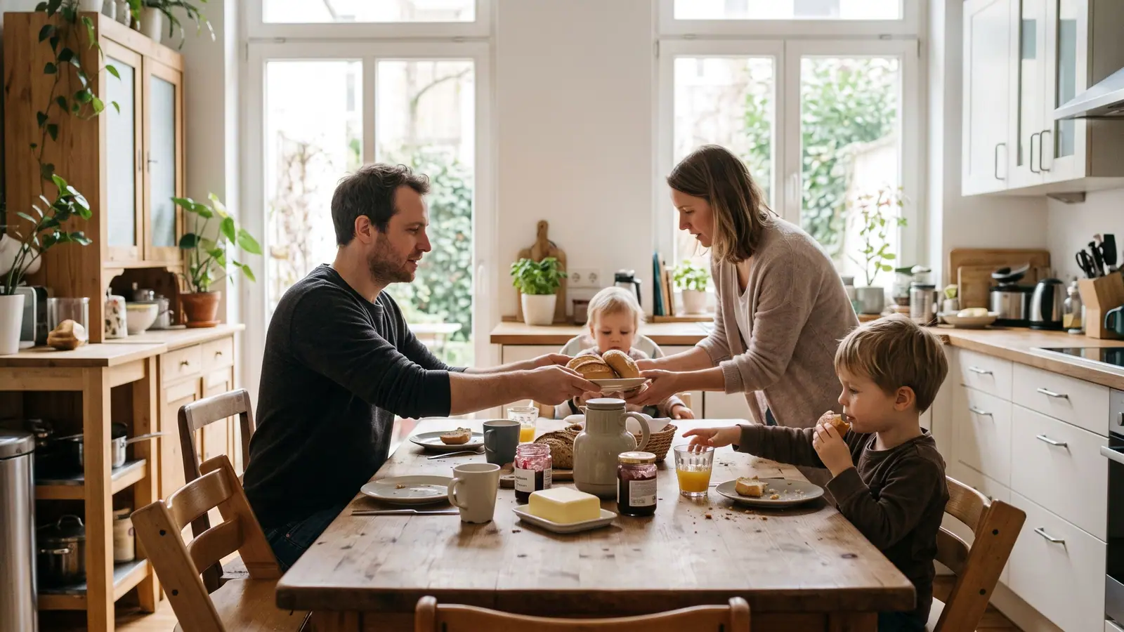 Familie mit zwei kleinen Kindern sitzt beim Frühstück an einem Tisch in einer hellen Küche