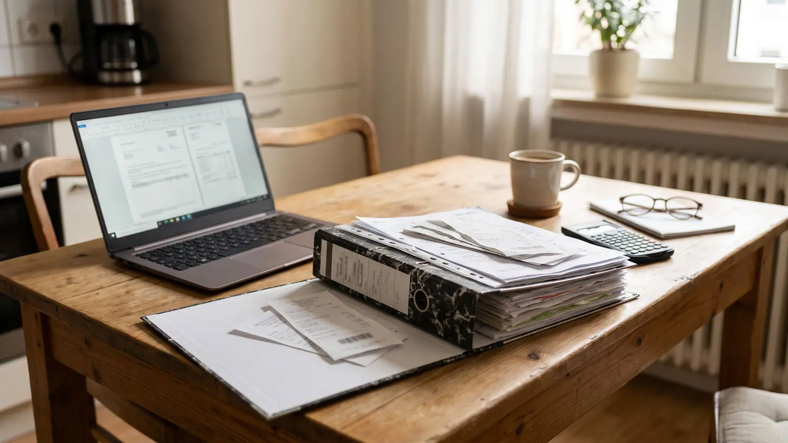 Küchentisch mit Laptop, Belegordner und Kaffeetasse am Morgen