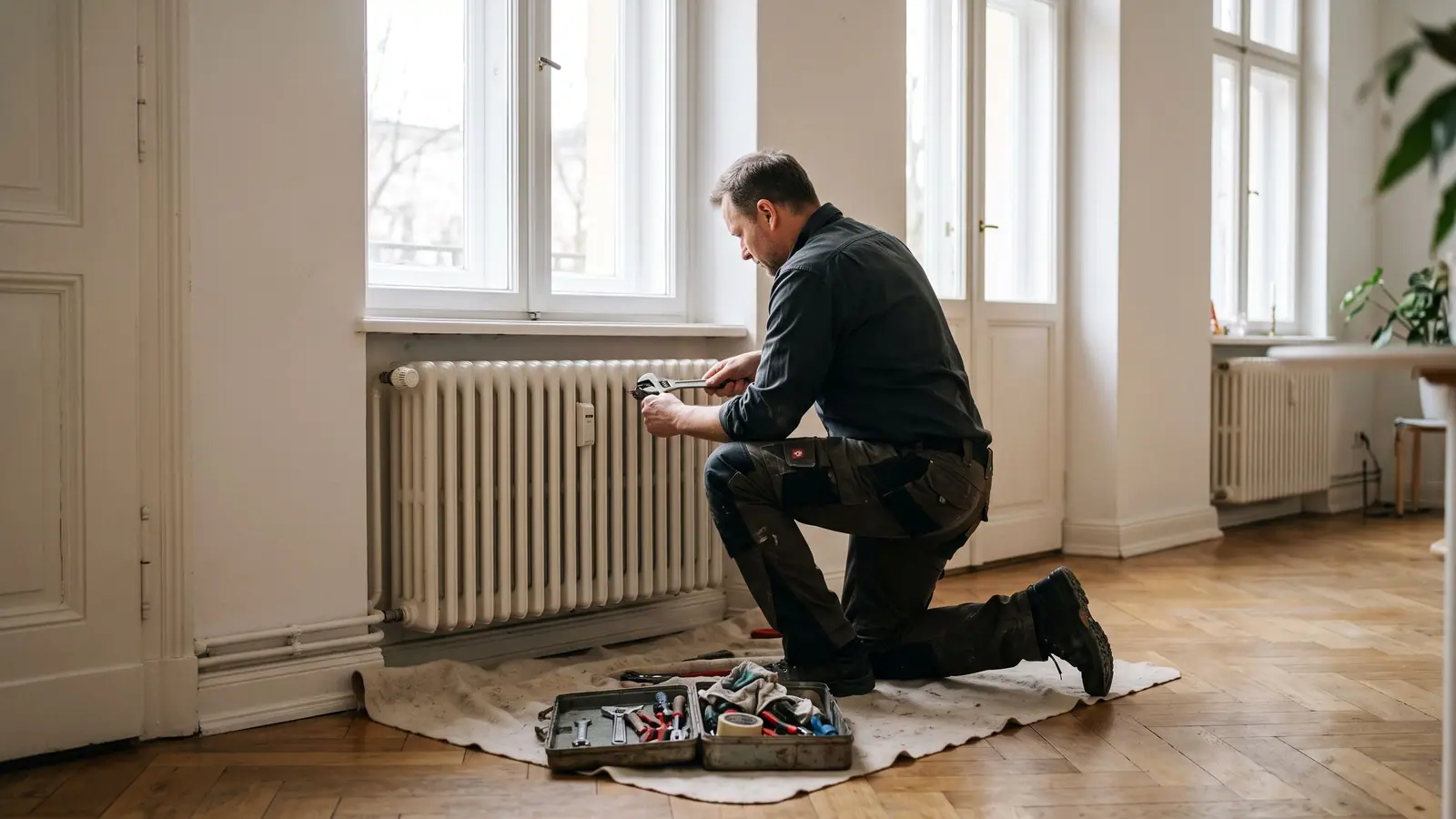 Handwerker mit Werkzeug bei der Reparatur eines Heizkörpers in einer hellen Altbauwohnung