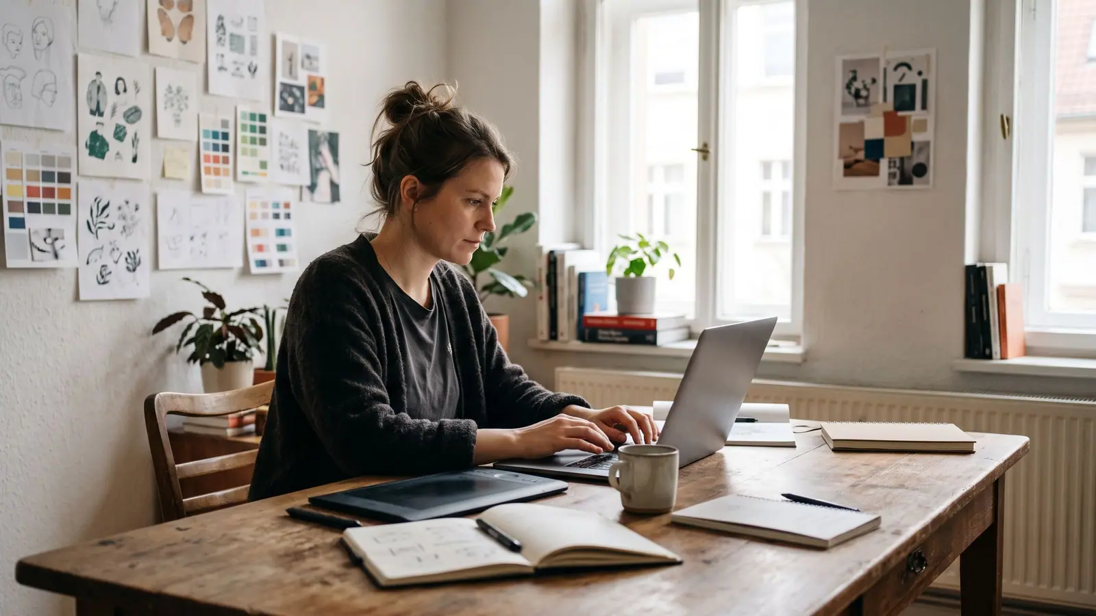 Selbstständige Grafikerin arbeitet in einem kleinen Atelier am Laptop, Skizzen hängen an der Wand