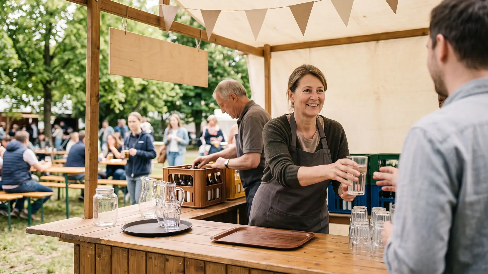 Ehrenamtliche schenken bei einem Vereinsfest im Freien Getränke an einem Stand aus.