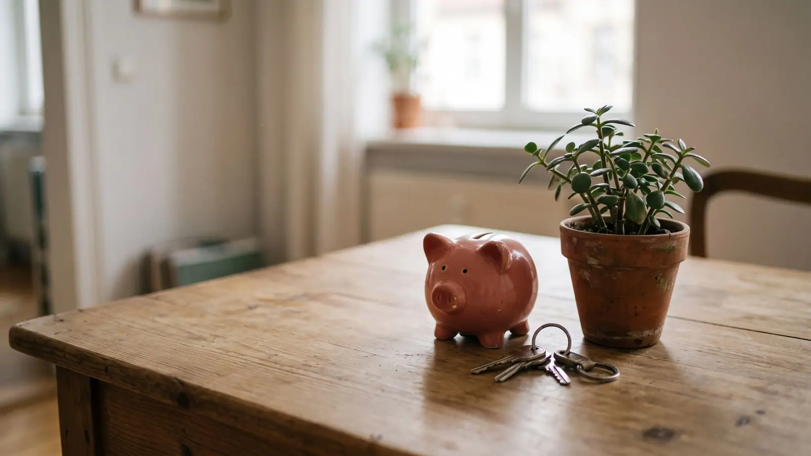 Sparschwein, Hausschlüssel und eine kleine Pflanze auf einem Holztisch