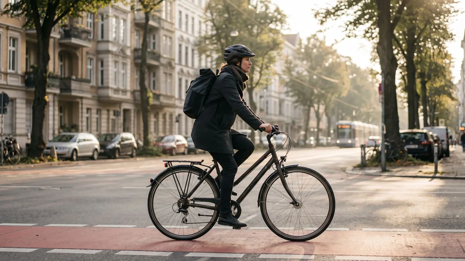 Pendlerin mit Fahrrad und Rucksack fährt im Morgenlicht auf einer Straße zur Arbeit in der Stadt