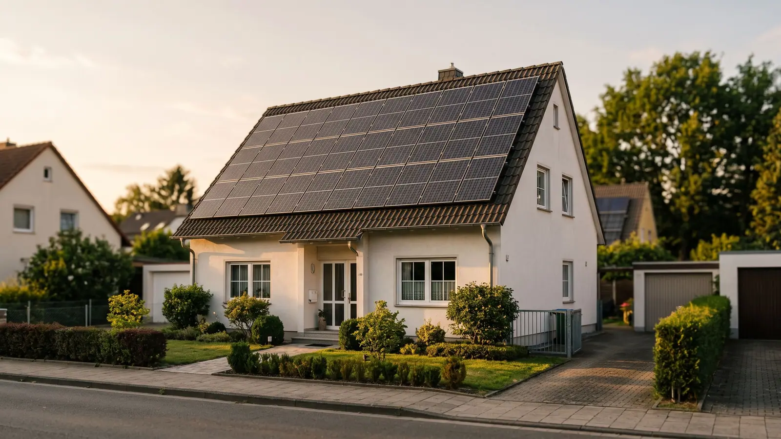 Einfamilienhaus mit Solaranlage auf dem Dach, beleuchtet von der Abendsonne